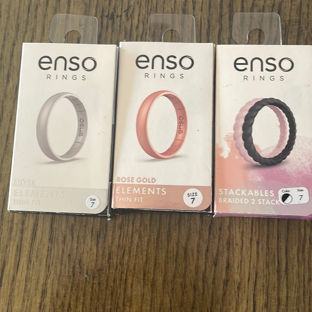 Enso rings rose gold size 7, silver size 7, black & white stack size 7